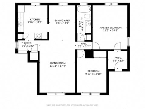 Floor plan for 2 beds, 1 bath, 980 sqft